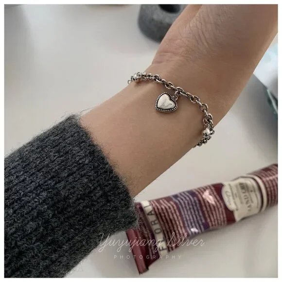 #NEW 925 Sterling Silver Vintage Heart Bead Bracelet - Picture 5 of 11